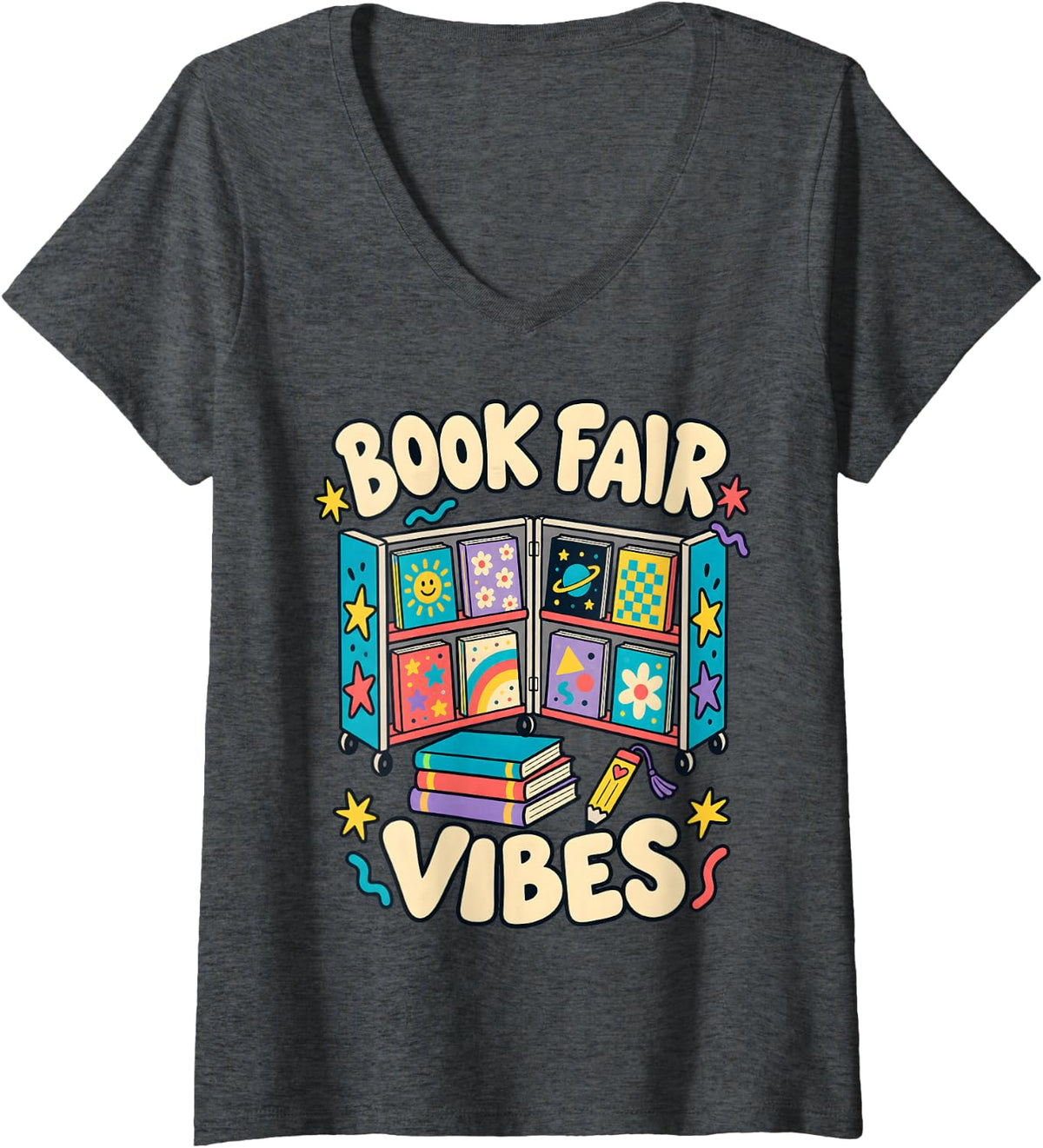 Women's Fair Vibes School Reading Teacher Librarian Book Lover V-Neck T-Shirt - Dark Heather Grey