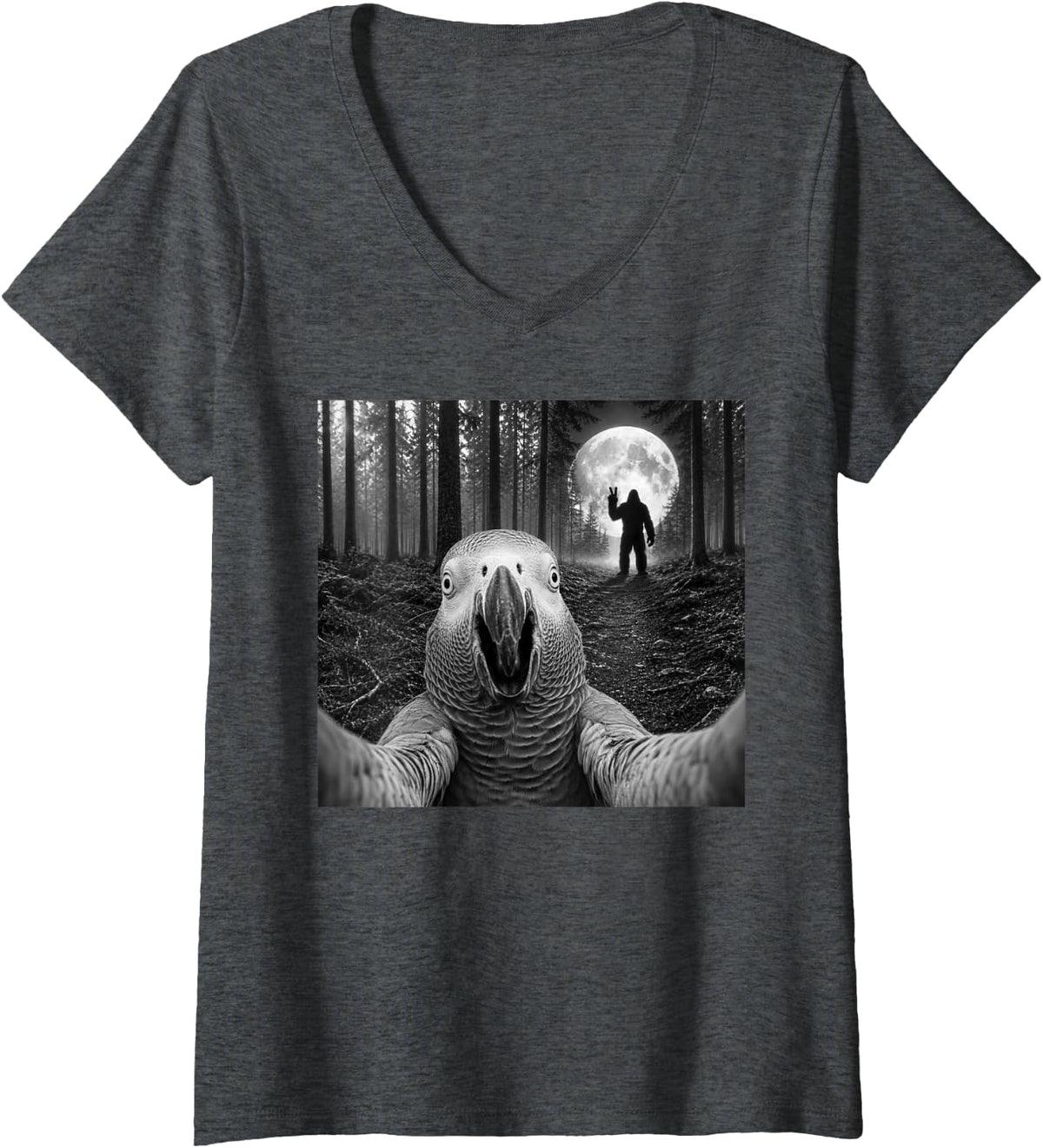 Women's African Grey Parrot Selfie with Bigfoot Peace Sign Sasquatch V-Neck T-Shirt - Dark Heather Grey