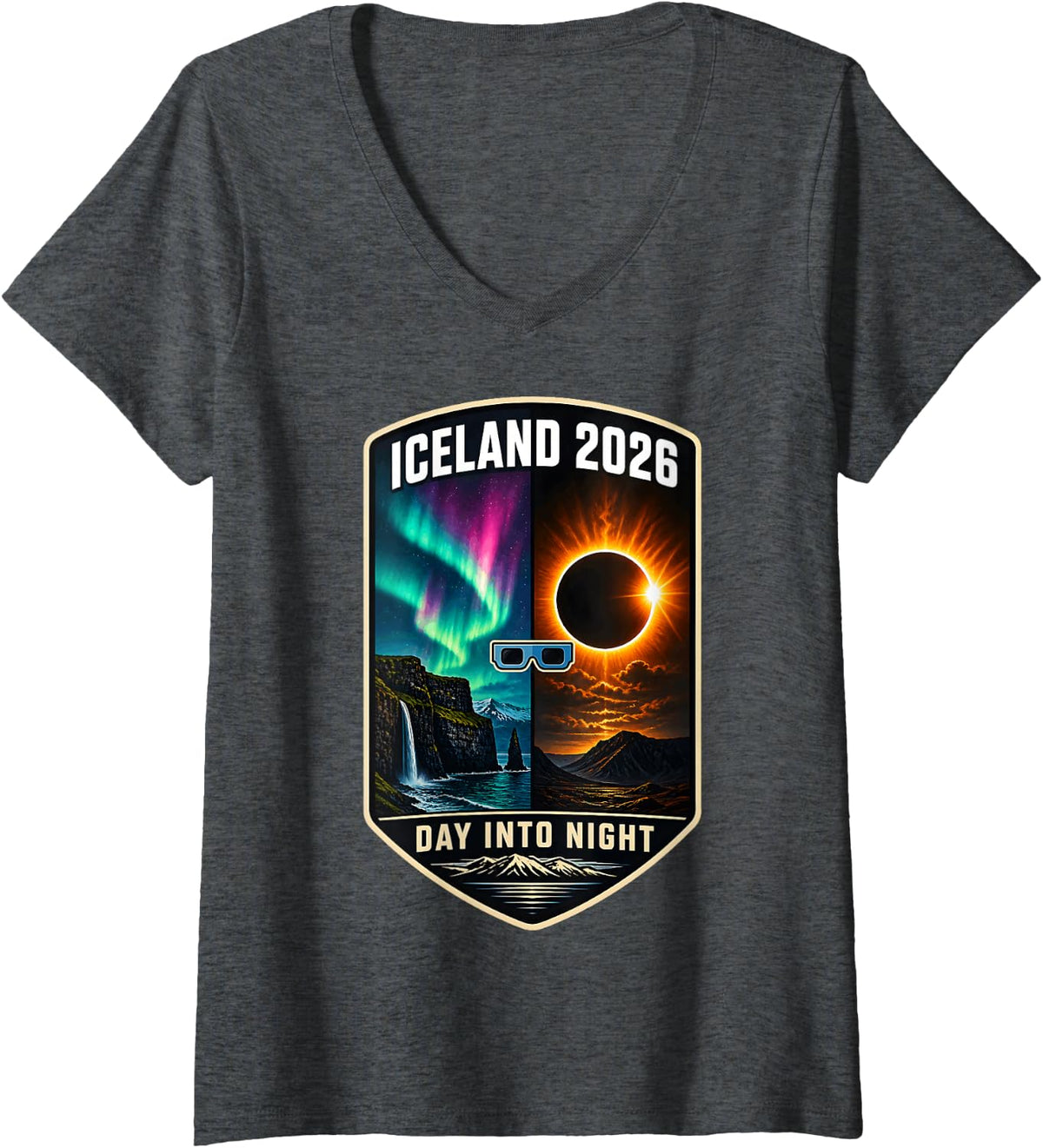 Women's Iceland Day Night Total Solar Eclipse 2026 V-Neck T-Shirt - Dark Heather Grey