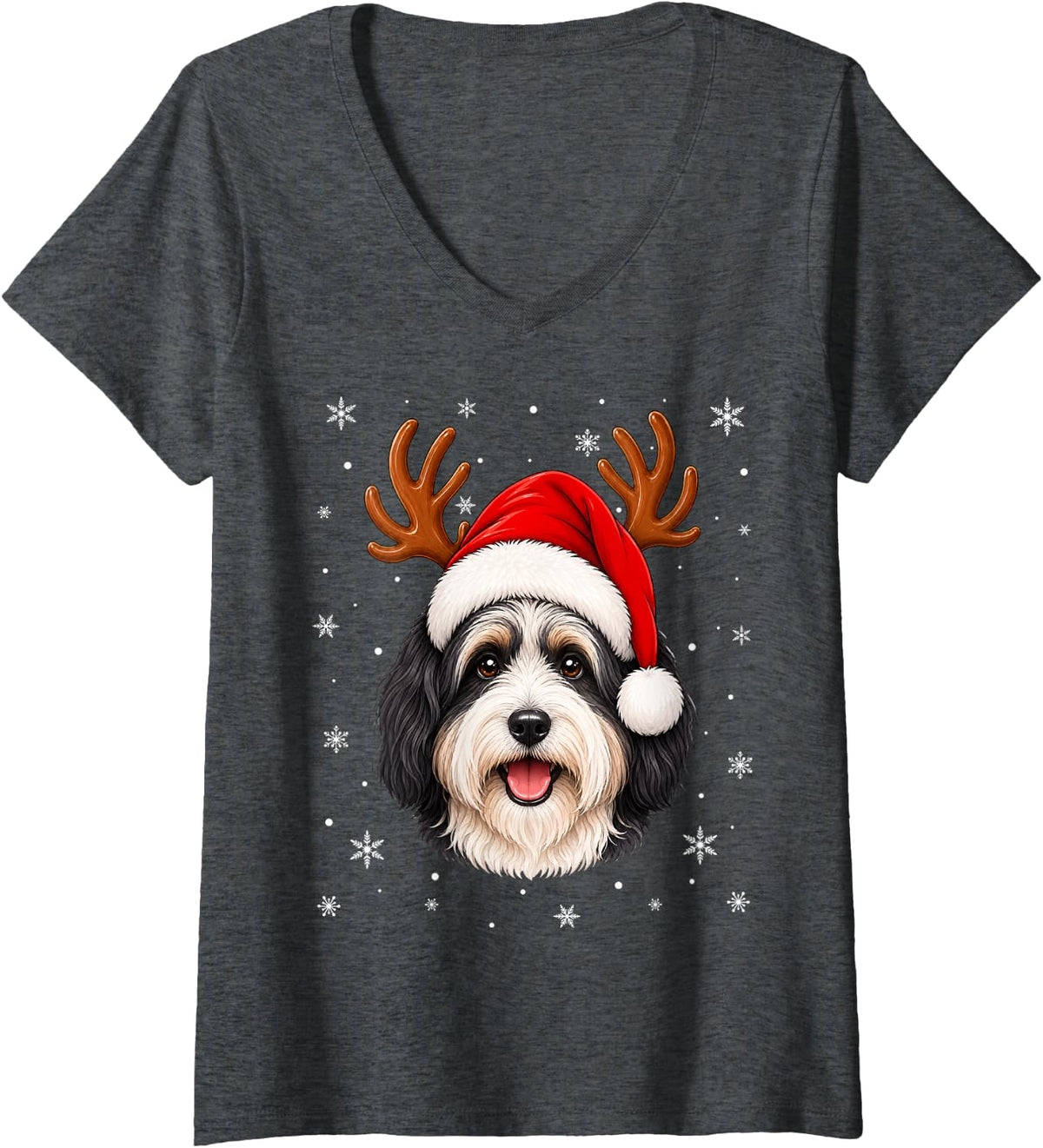 Women's Cute Reindeer Horn Santa Havanese Dog Christmas V-Neck T-Shirt - Dark Heather Grey