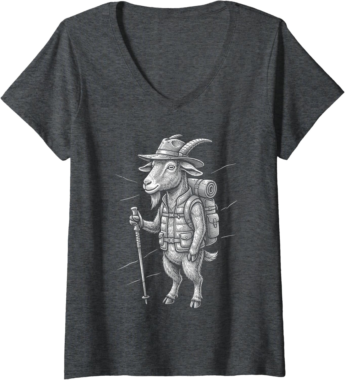 Women's Mountain Hiking Funny Goat Trail Trek Vintage Engraving V-Neck T-Shirt - Dark Heather Grey