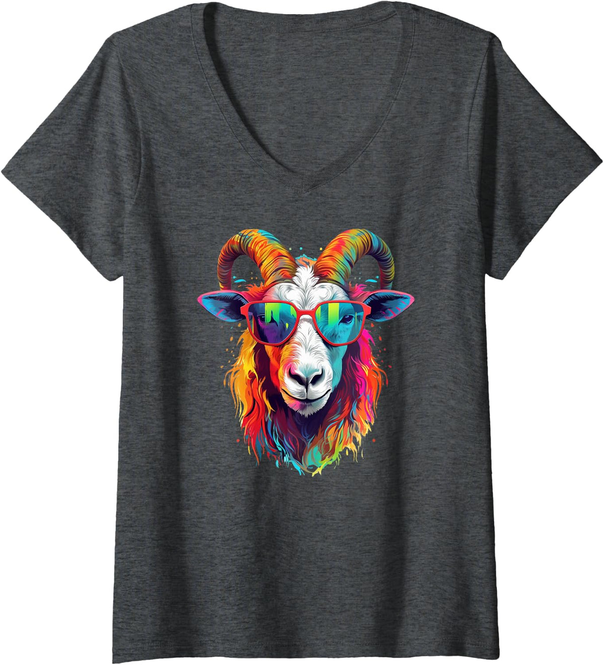 Women's Dripping Psychedelic Goat Trippy Splatter V-Neck T-Shirt - Dark Heather Grey