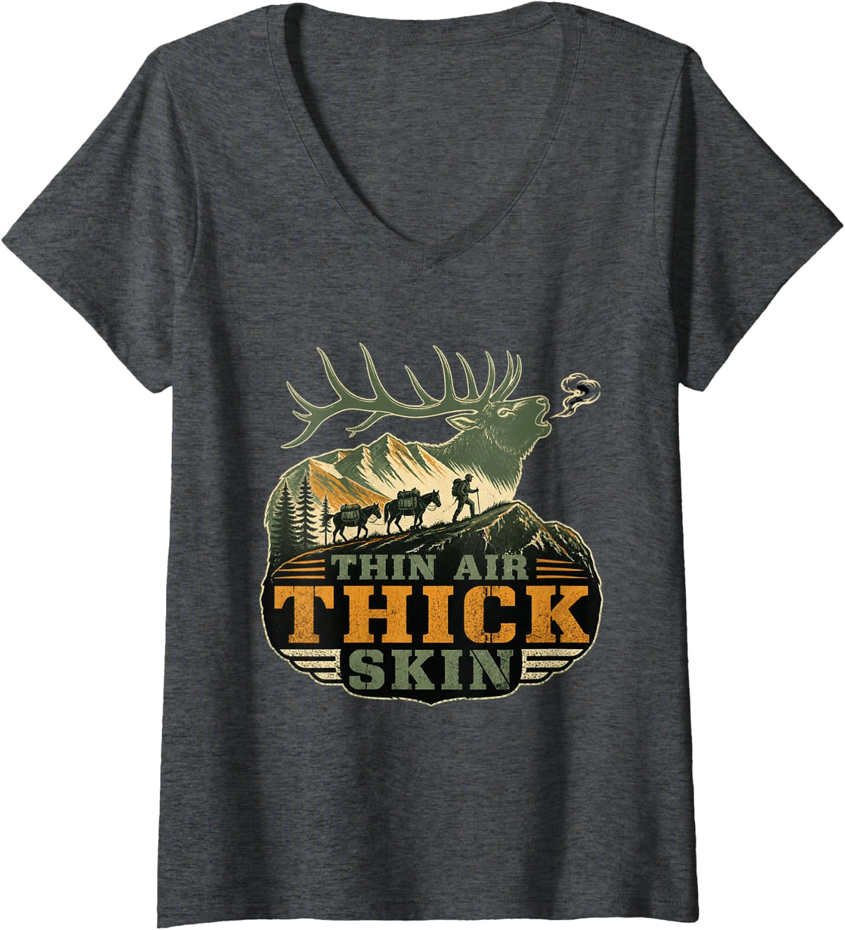 Women's Thin Air Thick Skin Elk Hunting Backcountry Elk Hunter V-Neck T-Shirt - Dark Heather Grey