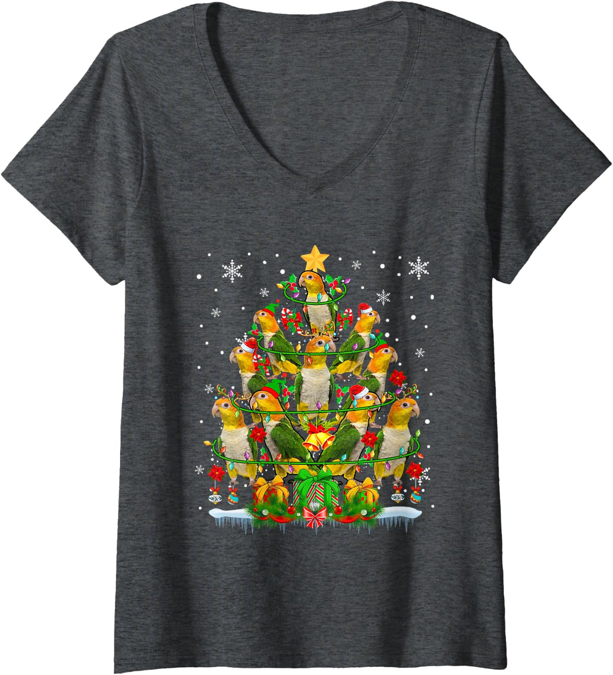 Women's Santa Reindeer Elf Caique Parrots Christmas Tree Bird Lover V-Neck T-Shirt - Dark Heather Grey