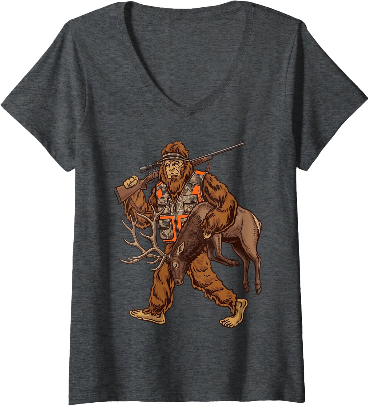 Women's Elk Hunting Bigfoot Hunter Sasquatch Hunting V-Neck T-Shirt - Dark Heather Grey