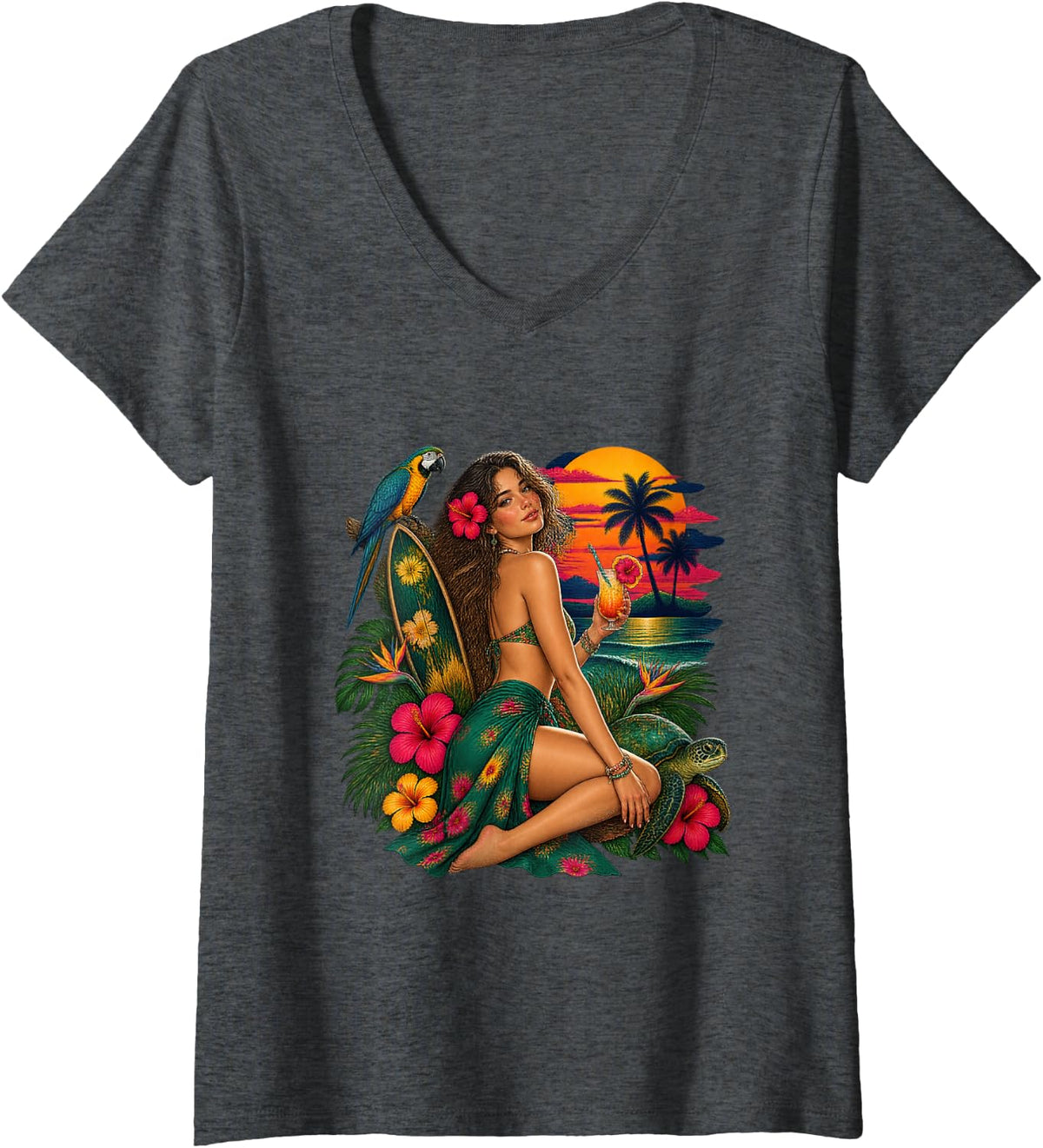 Women's Tropical Summer Girl with Parrot and Turtle V-Neck T-Shirt - Dark Heather Grey
