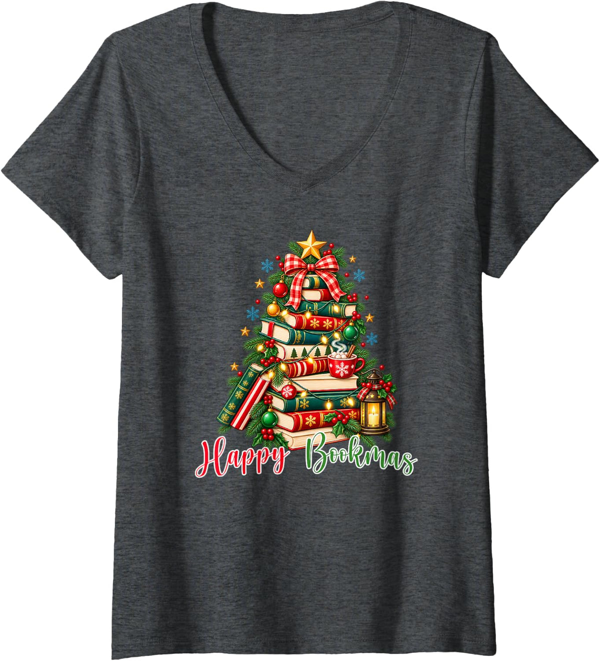Women's Happy Bookmas Librarian Christmas School Library Worker Xmas V-Neck T-Shirt - Dark Heather Grey