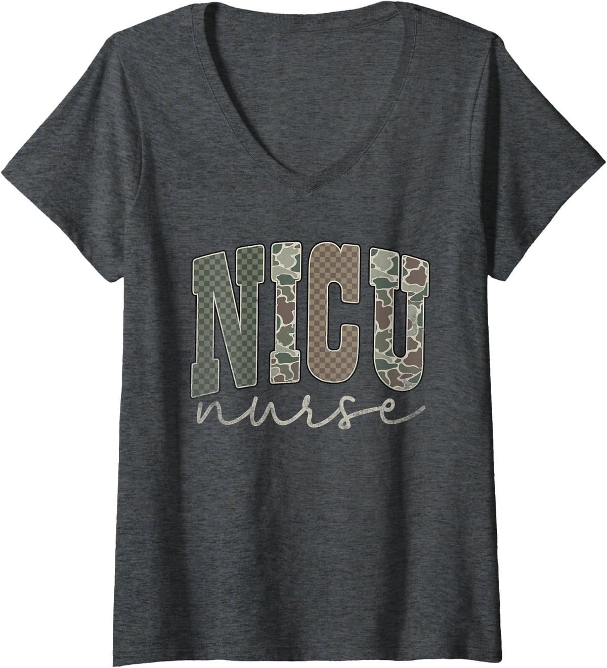 Women's Camo Nurse NICU Team RN Neonatal Intensive Care Unit V-Neck T-Shirt - Dark Heather Grey