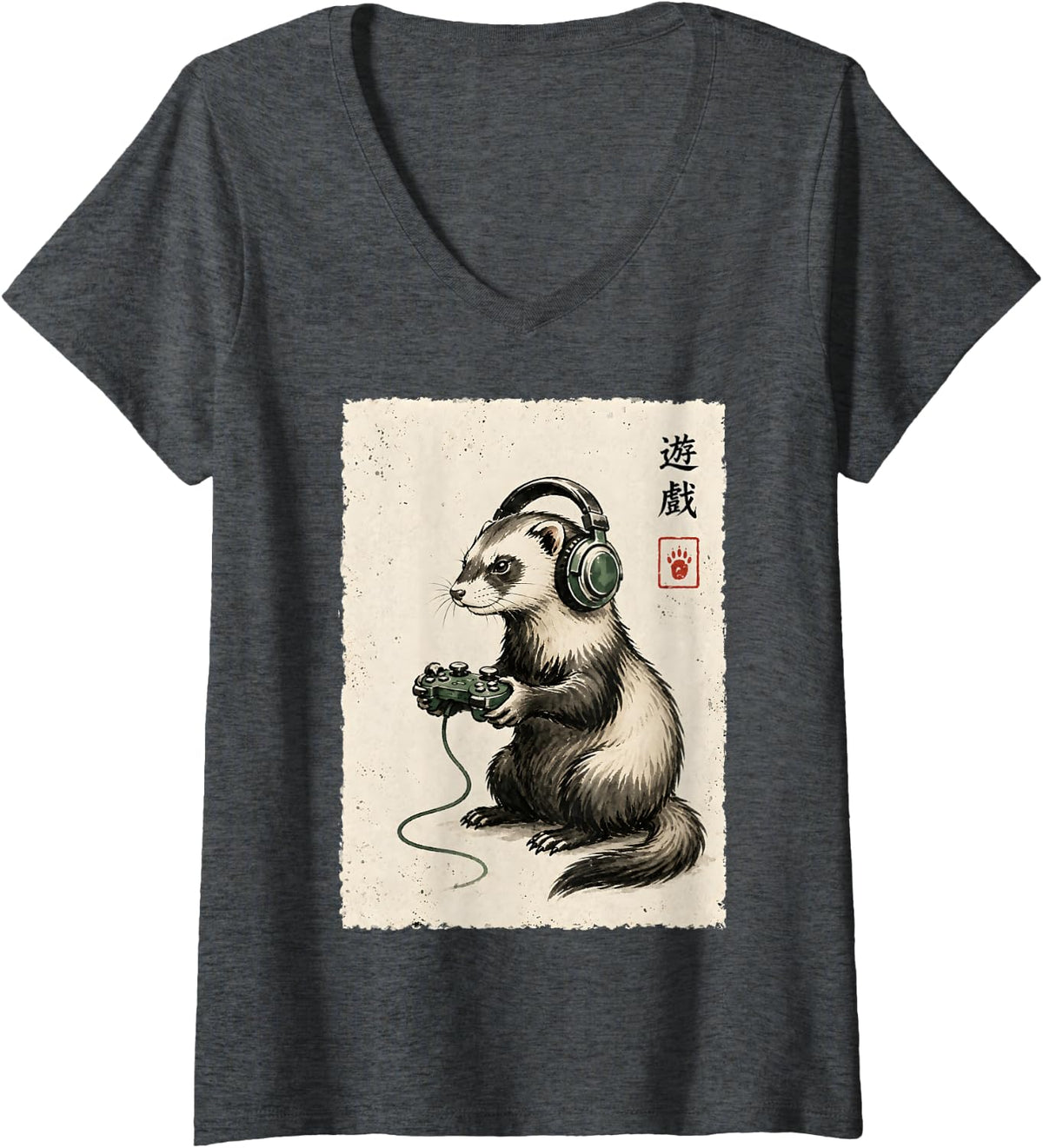 Women's Gamer Ferret Japanese Art Ukiyo E Headphones Kawaii Gaming V-Neck T-Shirt - Dark Heather Grey