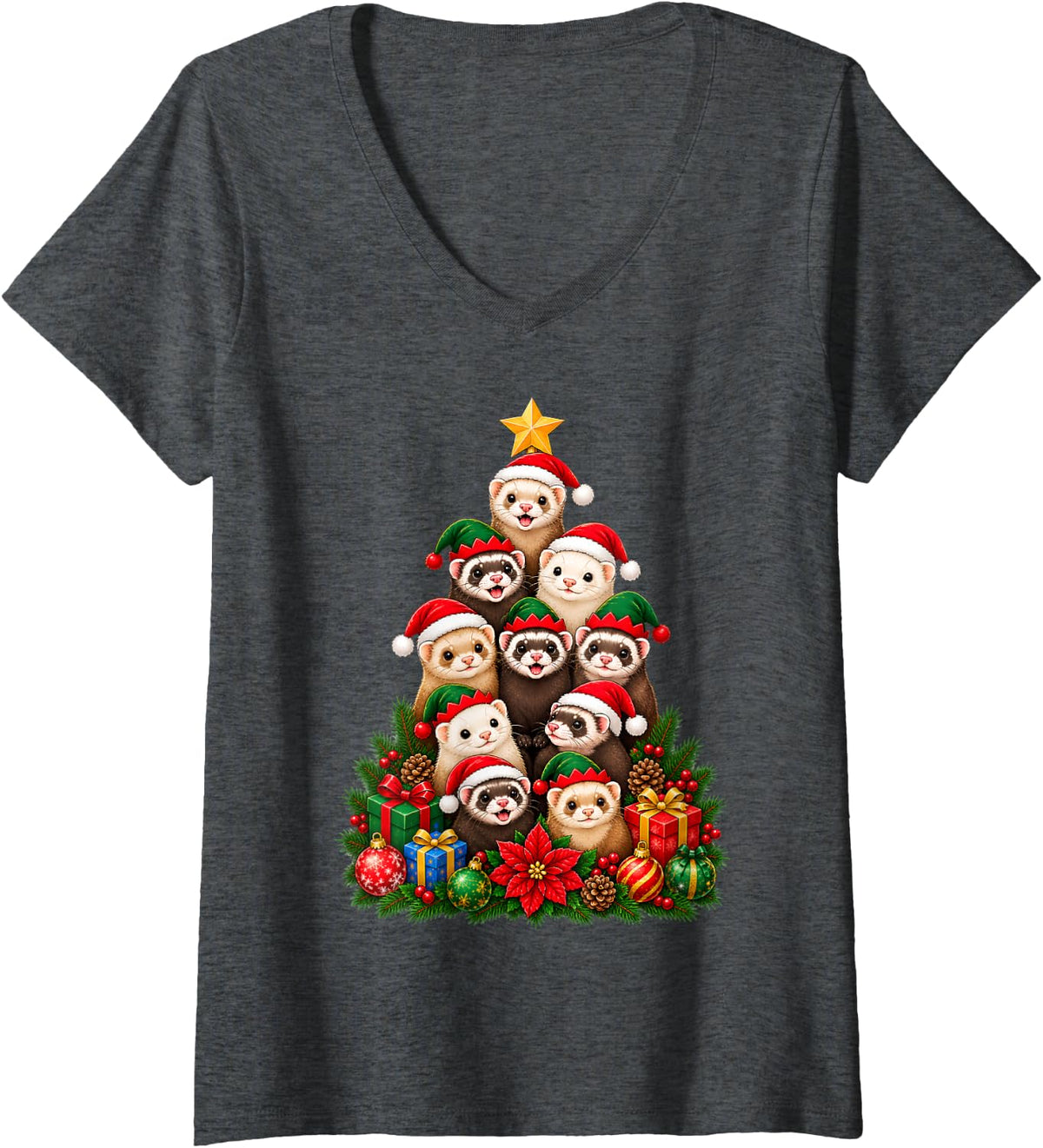 Women's Ferret Lovers Adorable Festive Ferret Christmas Tree V-Neck T-Shirt - Dark Heather Grey