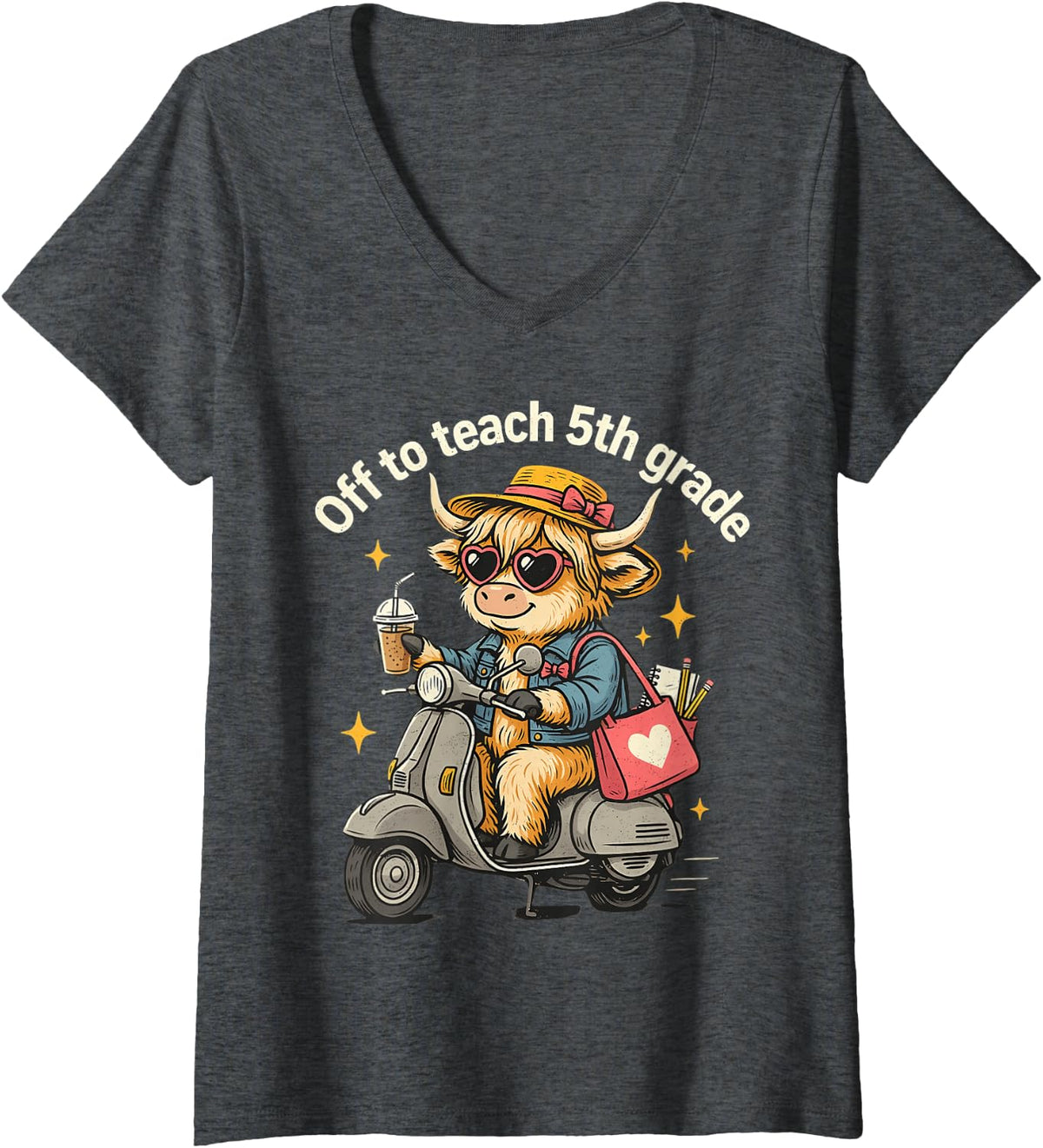 Women's Back to School Off to Teach 5th Grade Funny Teacher V-Neck T-Shirt - Dark Heather Grey