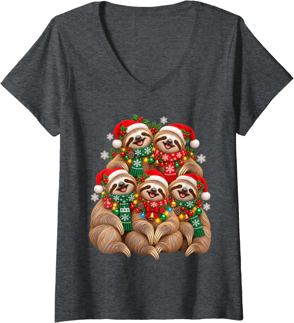 Women's Christmas Lights Sloth Santa Funny Xmas Trees V-Neck T-Shirt - Dark Heather Grey