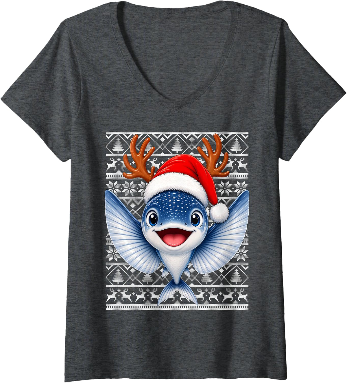 Women's Flying Fish Christmas Santa Hat Ugly Sweaters Festive Xmas V-Neck T-Shirt - Dark Heather Grey