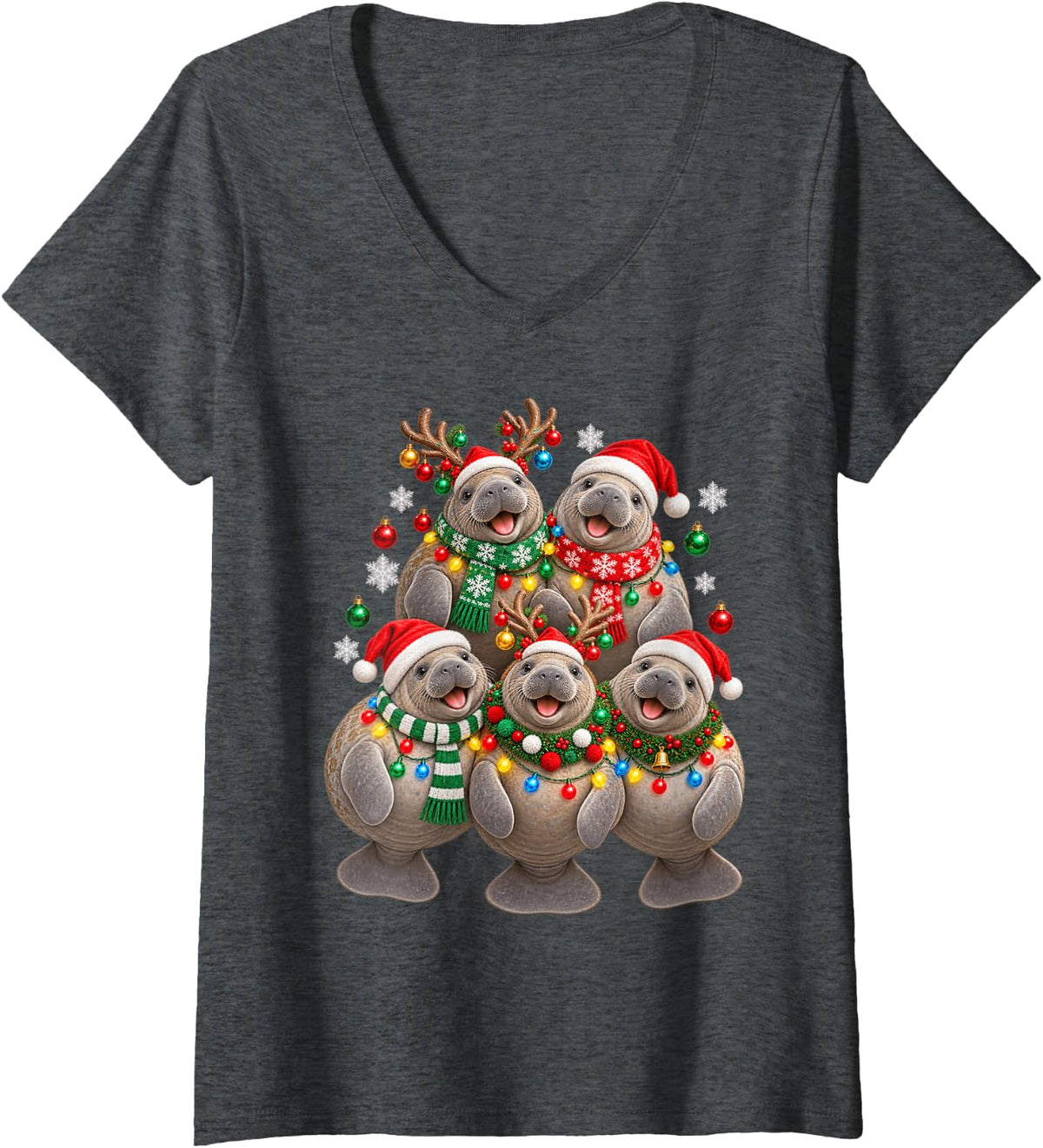 Women's Christmas Lights Manatee Santa Funny Xmas Trees V-Neck T-Shirt - Dark Heather Grey