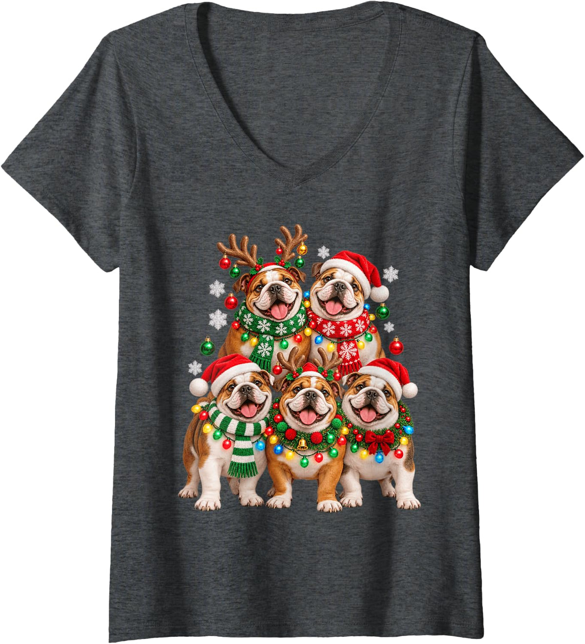 Women's Christmas Lights Bulldog Santa Funny Xmas Trees V-Neck T-Shirt - Dark Heather Grey