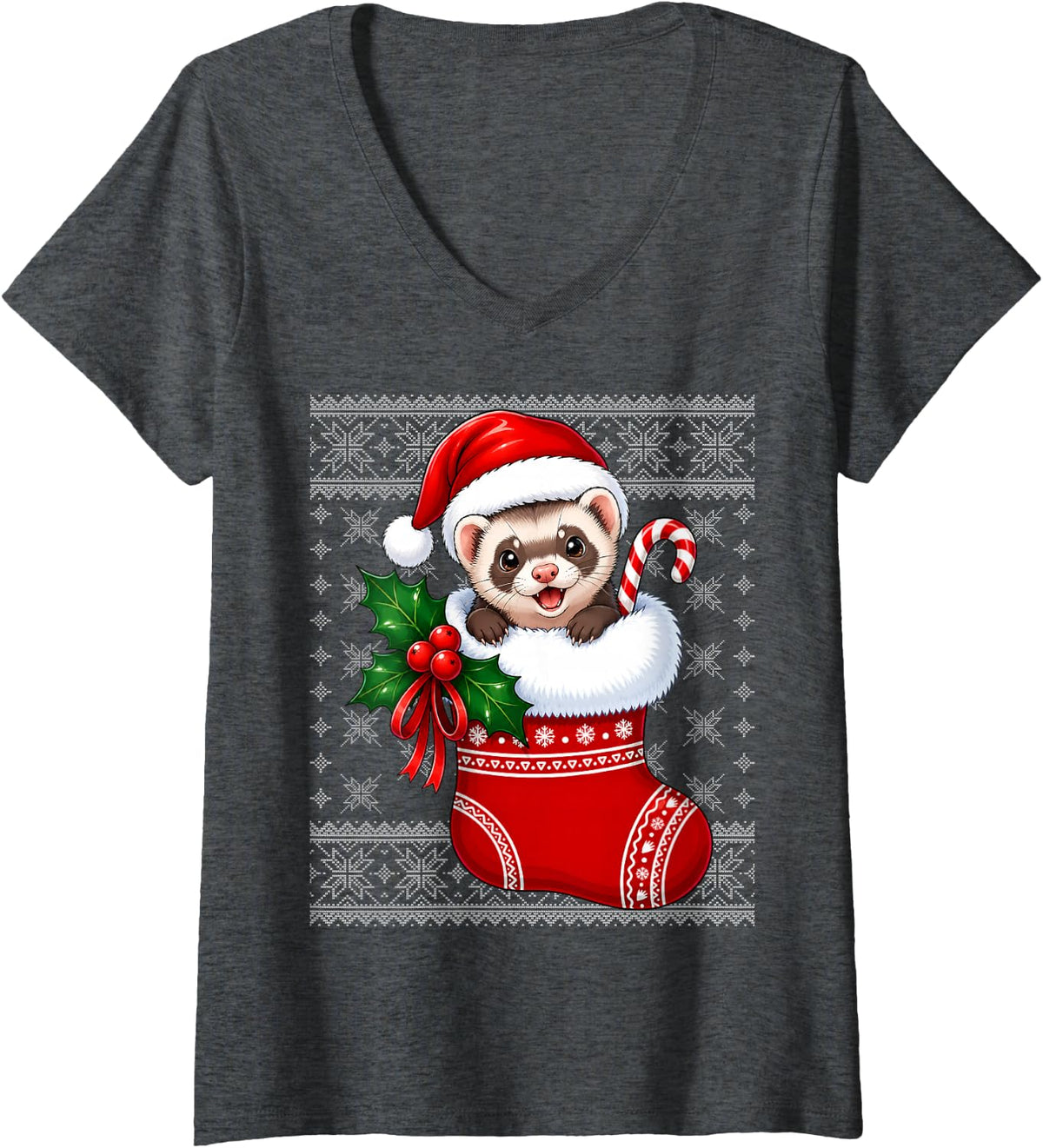 Women's Ferret Christmas Stocking Cute Festive Ferret Ugly Xmas V-Neck T-Shirt - Dark Heather Grey