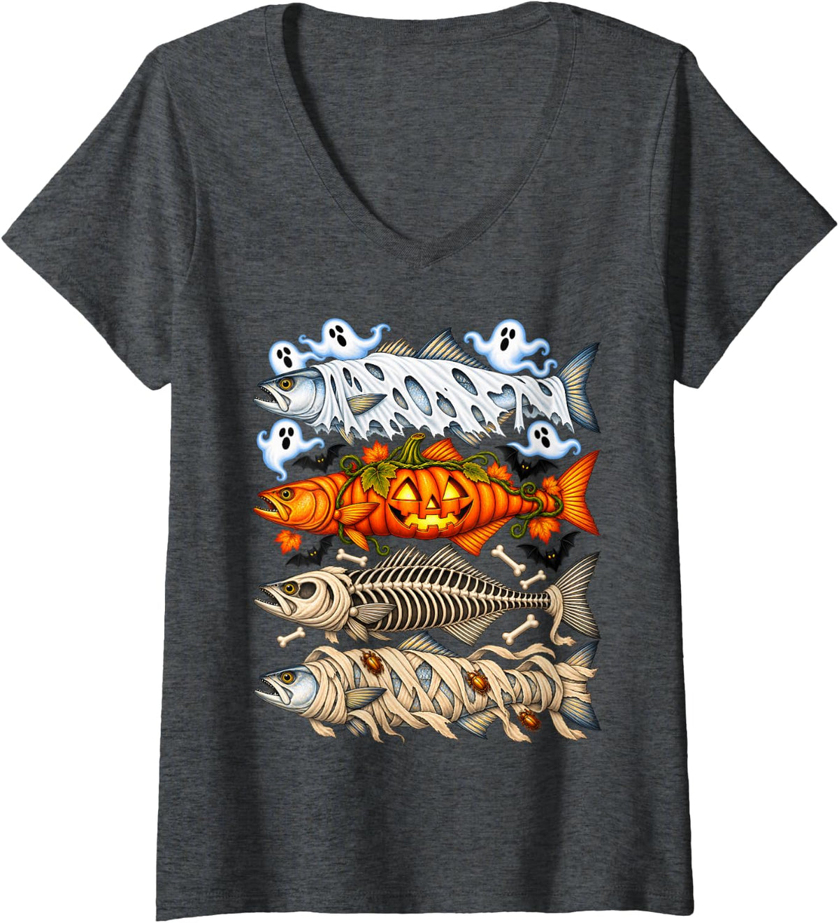 Women's Halloween Bluefish Fishing Ghost Pumpkin Design V-Neck T-Shirt - Dark Heather Grey