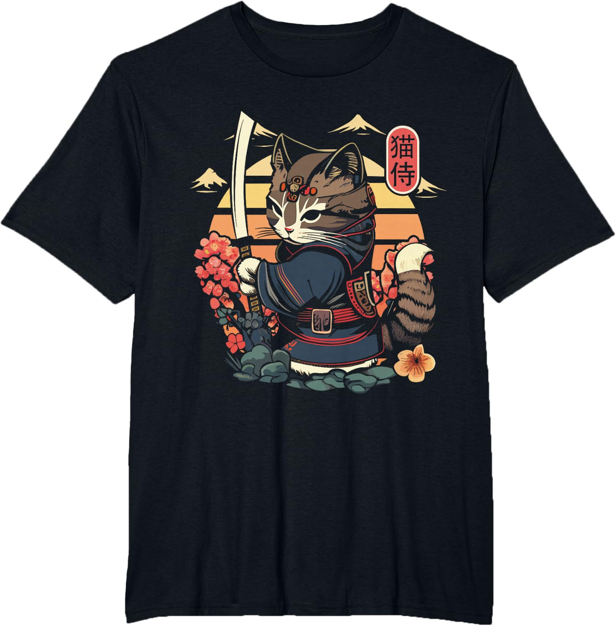 Japanese Samurai Cat Tattoo, Kawaii Ninja Cat Men Women T-Shirt - Black