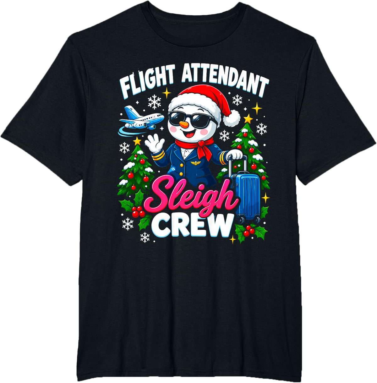 Flight Attendant Sleigh Crew Funny Christmas Matching Team T-Shirt - Black