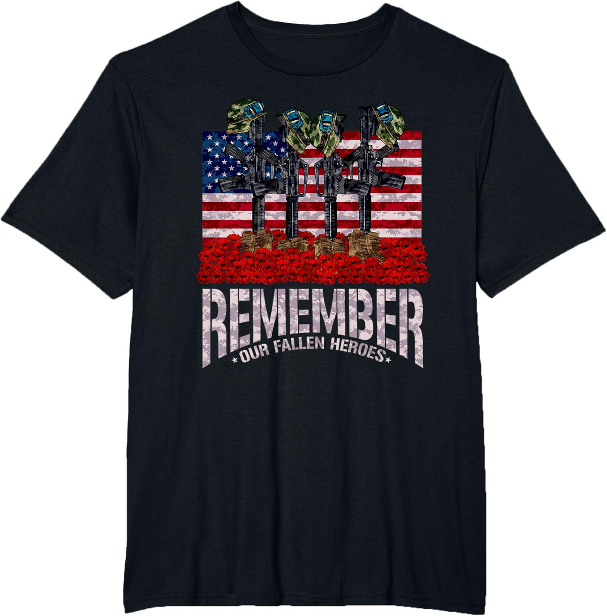 Remember Fallen Heroes Poppy Memorial Day Veteran Soldier T-Shirt - Black