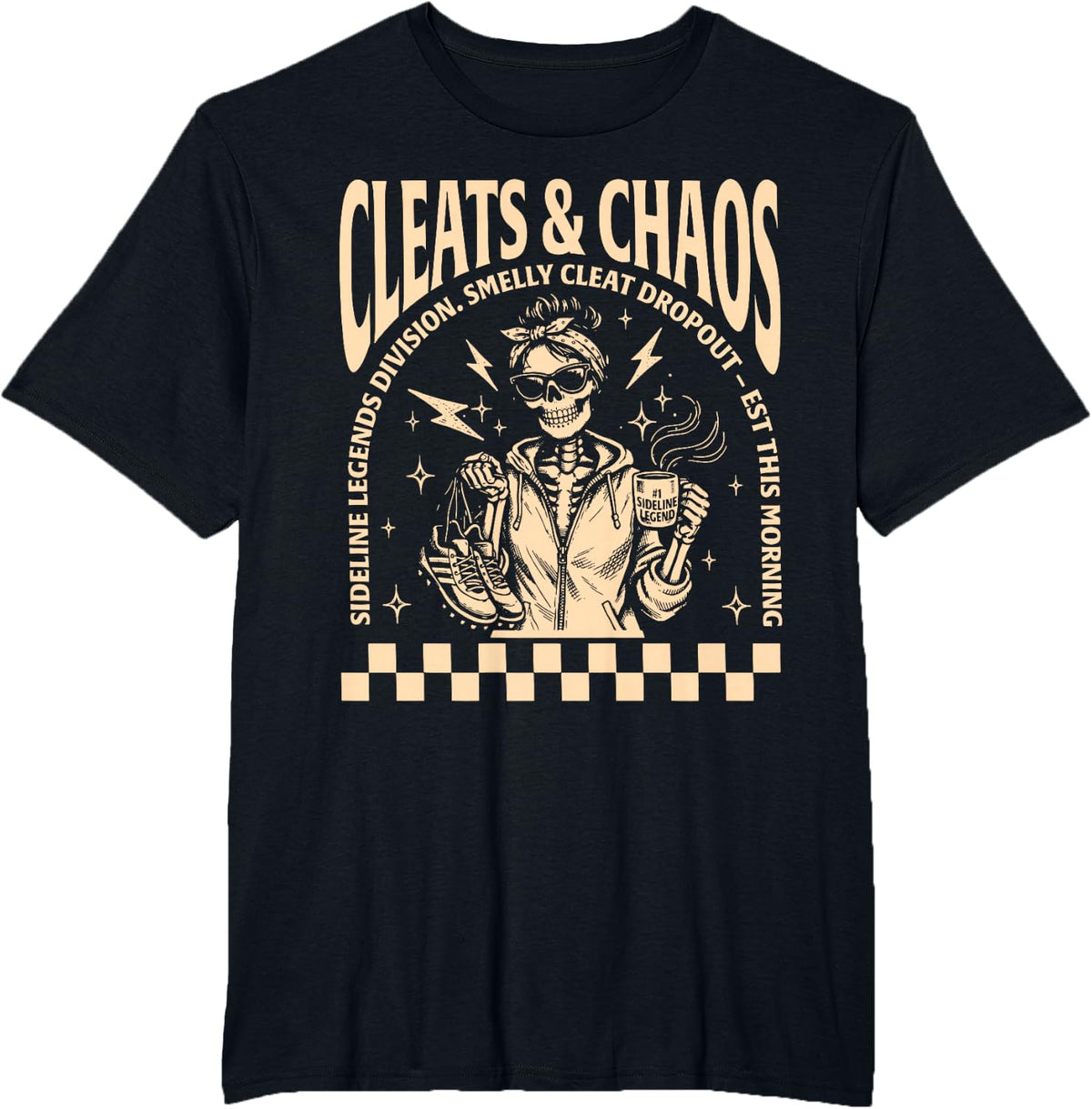 Retro Cleats & Chaos Skeleton Soccer Mom Funny Sports Mama T-Shirt - Black