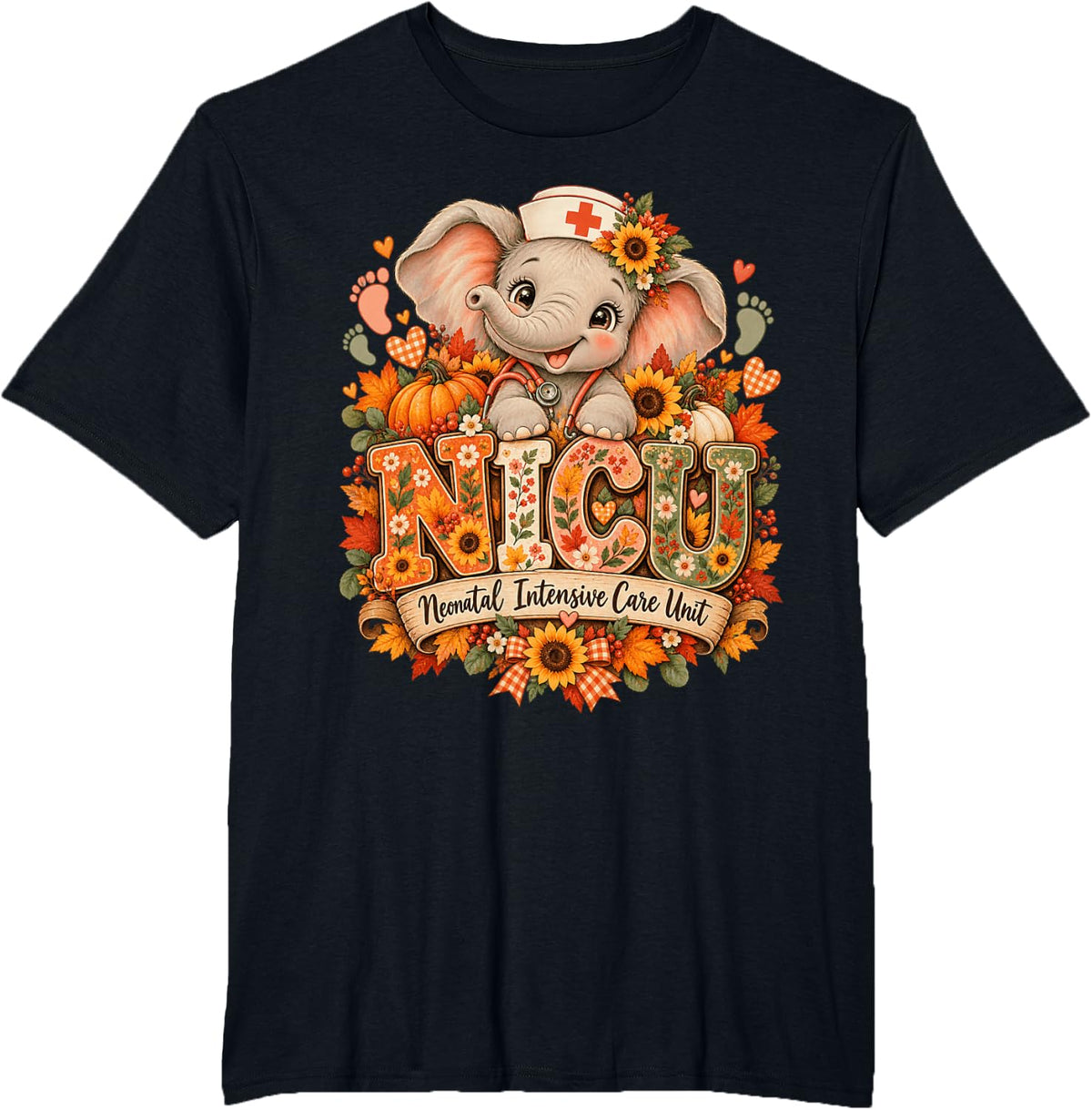 NICU Neonatal Intensive Care Unit Cute Elephant Nurse Fall T-Shirt - Black