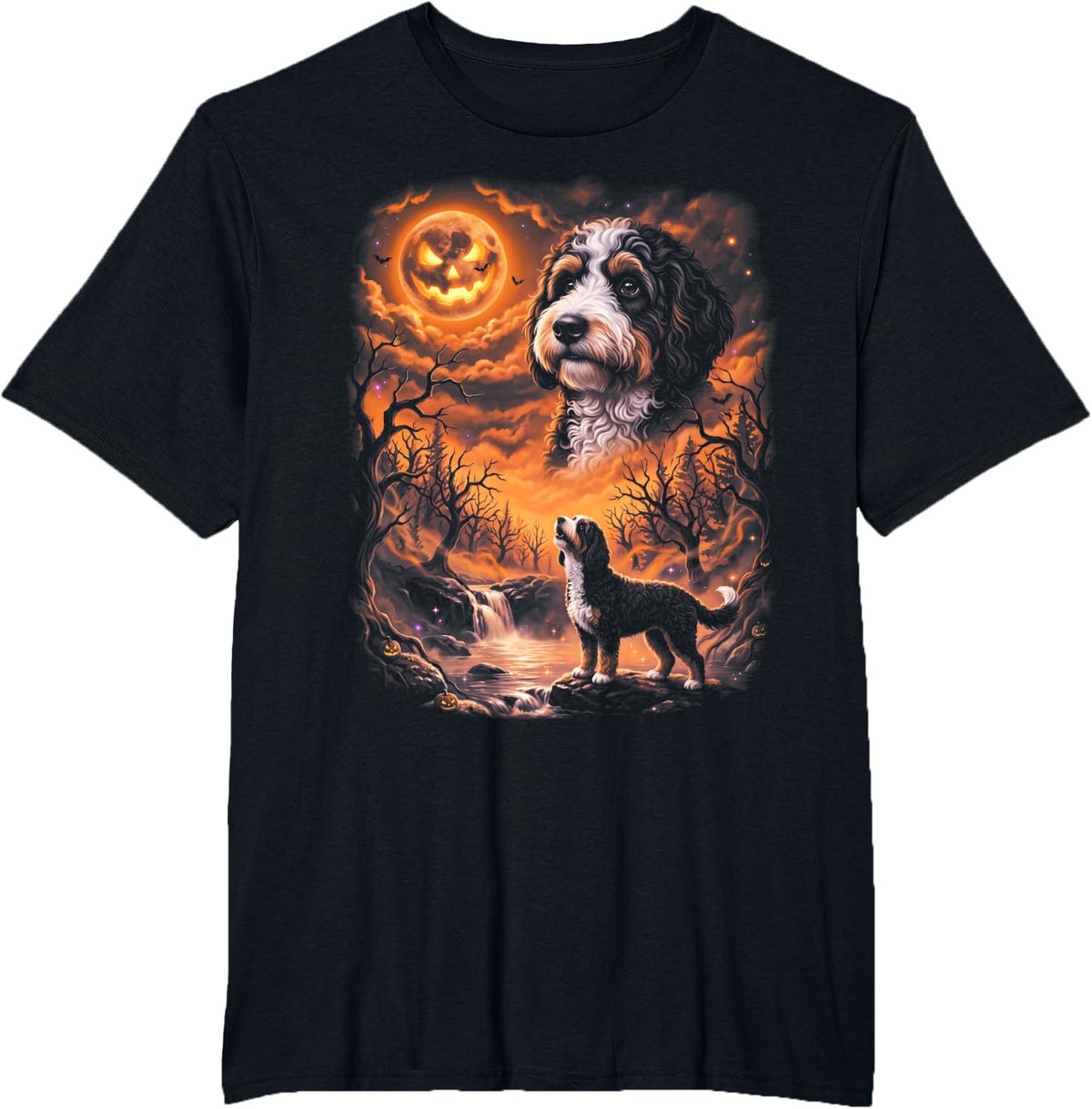 Spooky Bernedoodle Howling at Moon Retro 90's Halloween T-Shirt - Black