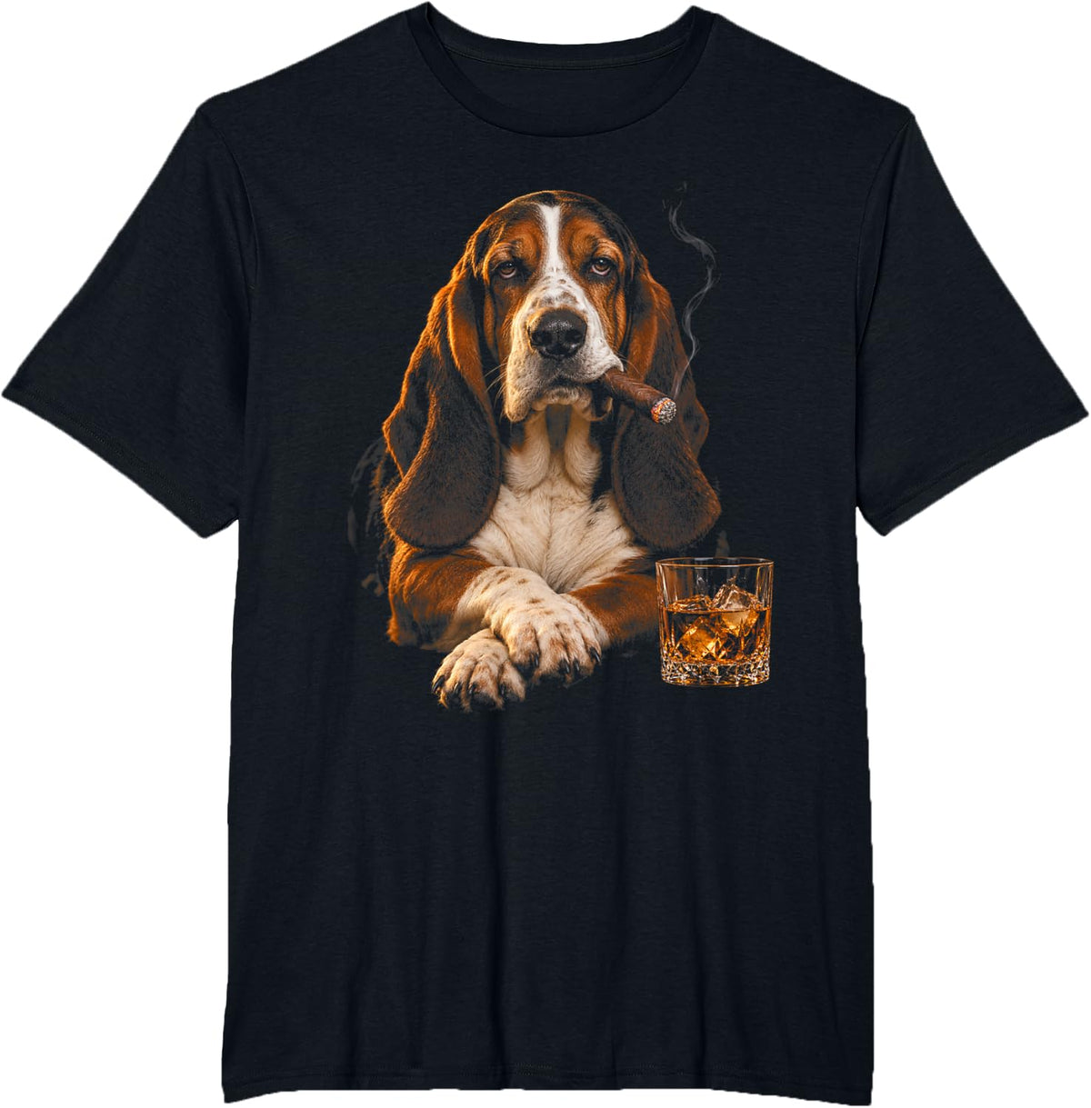 Basset Hound Dog Smoking Cigar Whiskey Lover Funny Dog T-Shirt - Black