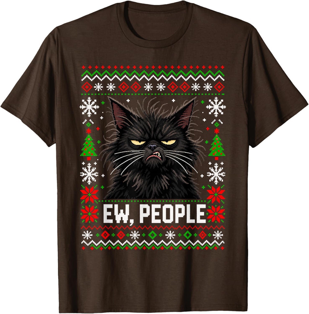 Ew People Introvert Cat Lover Ugly Christmas Sweater T-Shirt - Brown