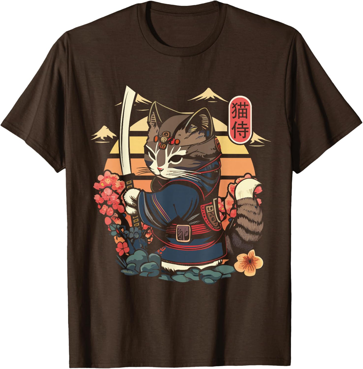 Japanese Samurai Cat Tattoo, Kawaii Ninja Cat Men Women T-Shirt - Brown