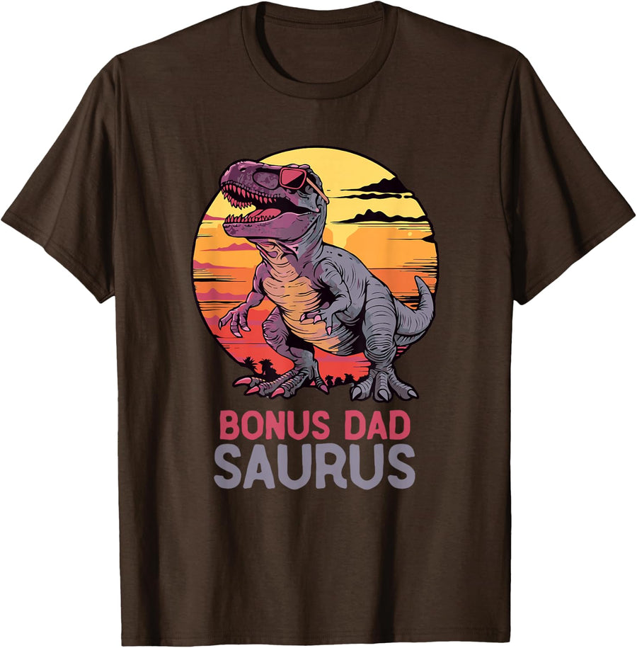 Bonus Dad-Saurus T-Rex Dino Dinosaur BonusDadSaurus Trex T-Shirt - Brown