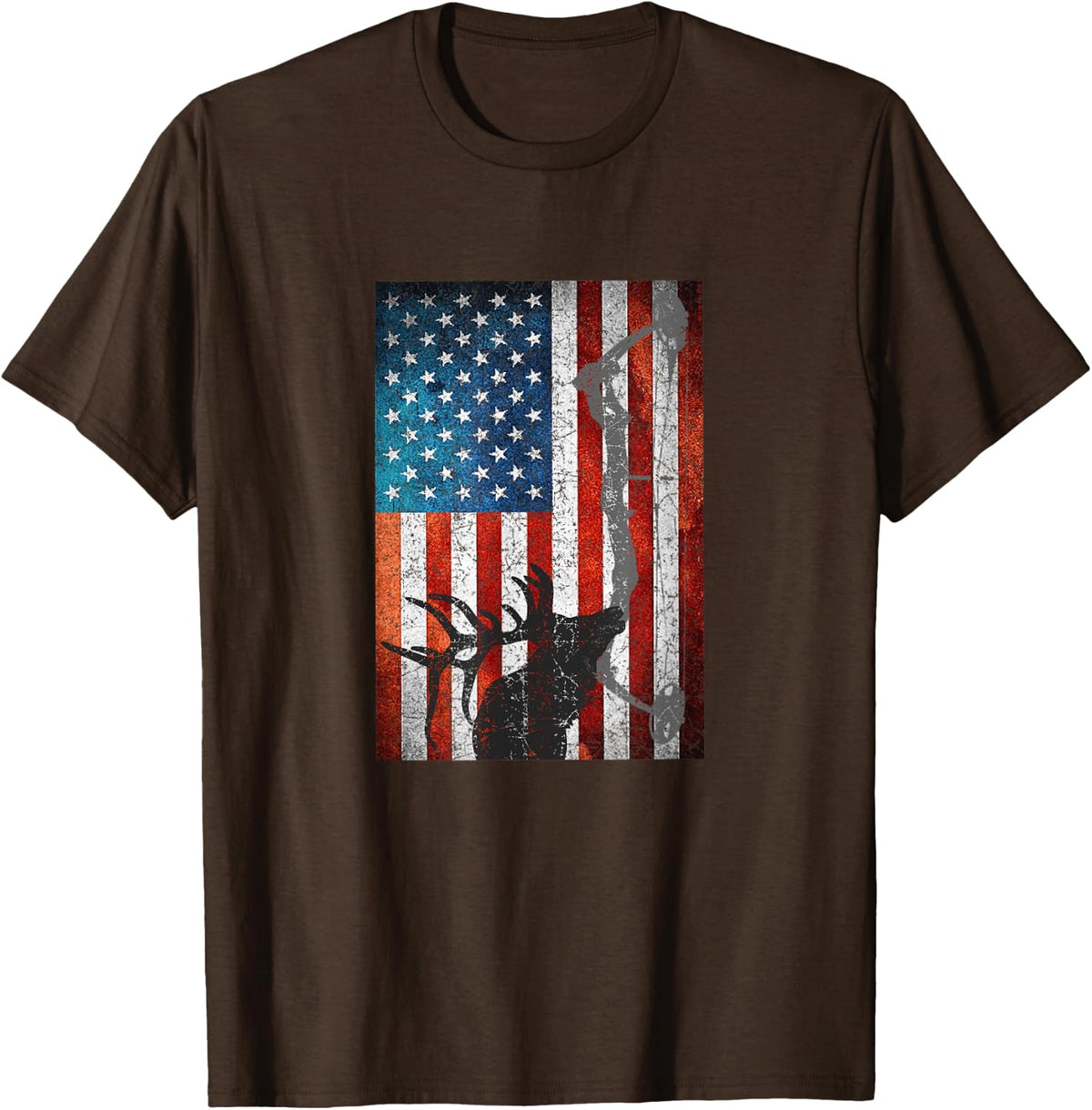 Elk Hunting T-shirt American Flag Hunting Compound Bow Tee Women Kids Men T-Shirt - Brown