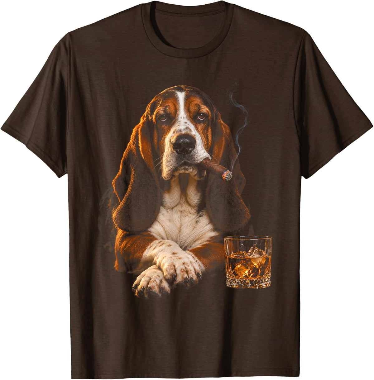 Basset Hound Dog Smoking Cigar Whiskey Lover Funny Dog T-Shirt - Brown