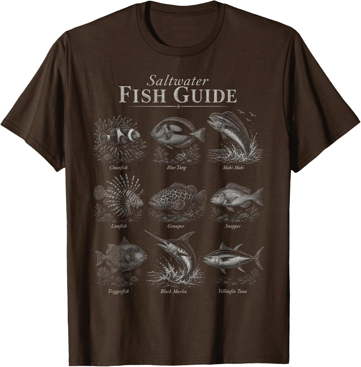 Saltwater Fish Guide Species Chart Ocean Angler T-Shirt - Brown