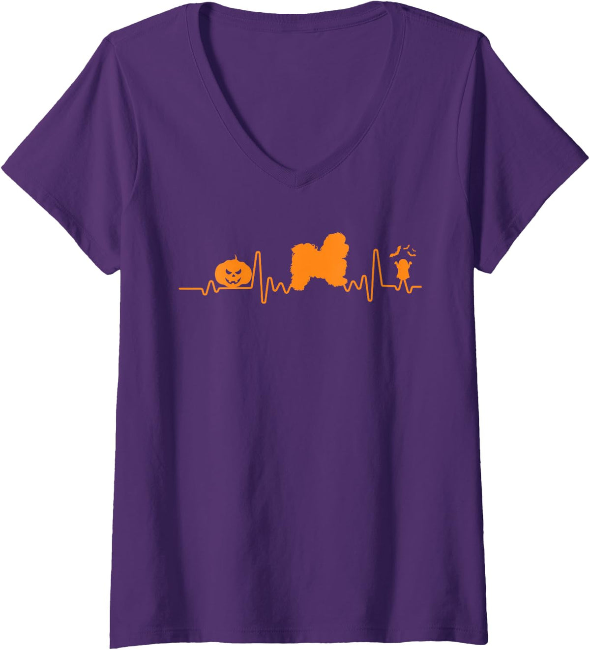 Women's Havanese Dog Heartbeat Pumpkin Funny Halloween Costume V-Neck T-Shirt - Purple