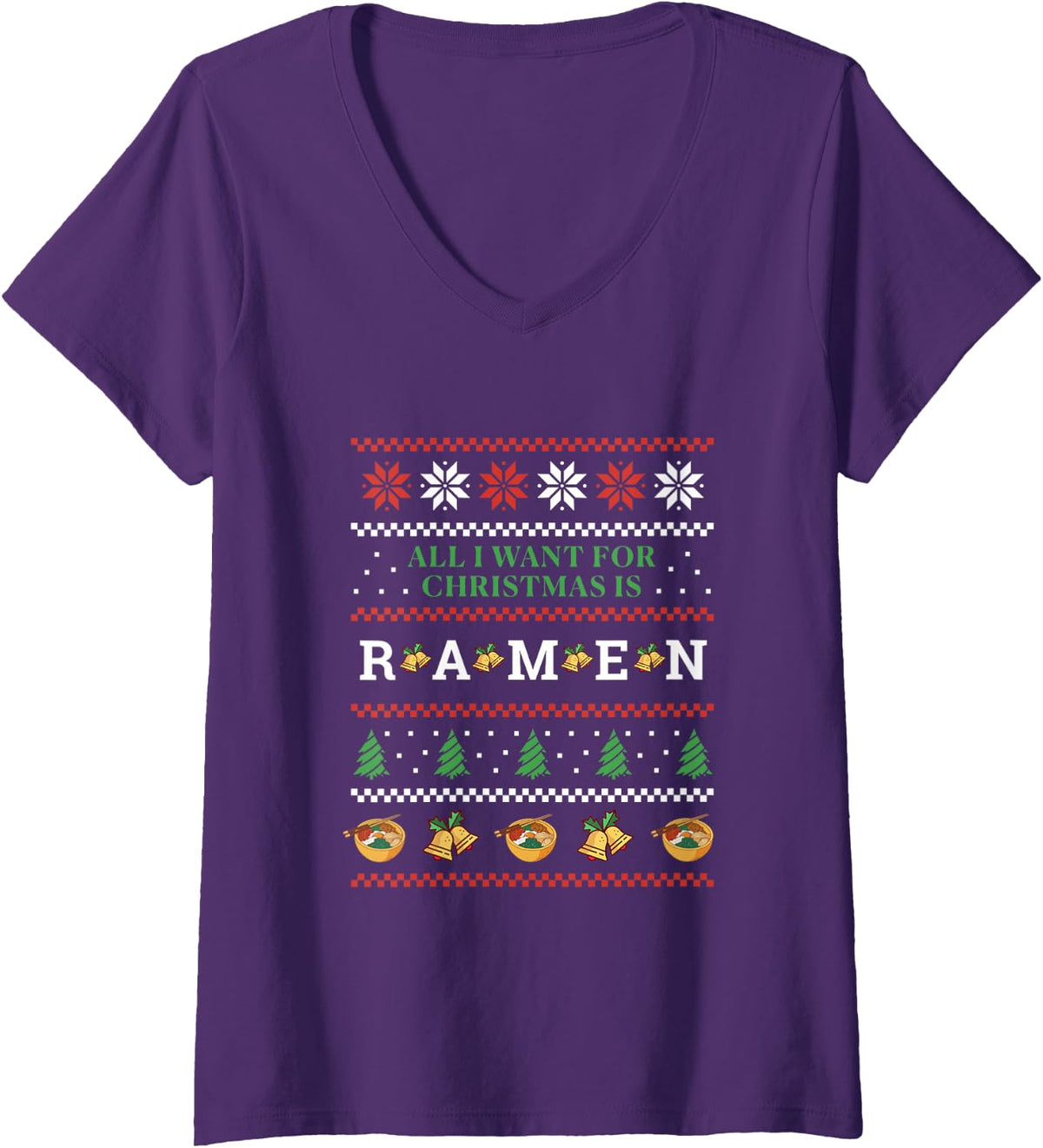 Women's All I Want for Christmas is Ramen Funny Ugly tee V-Neck T-Shirt - Purple