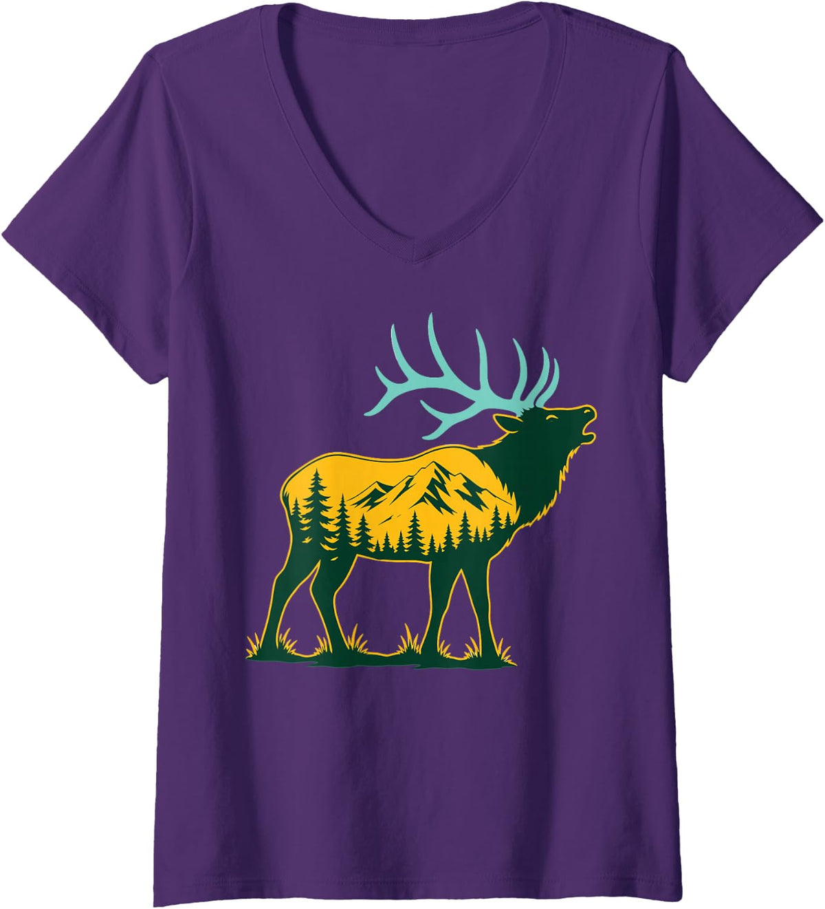 Women's Elk Hunting Outdoor Bull Elk Hunter Wildlife V-Neck T-Shirt - Purple