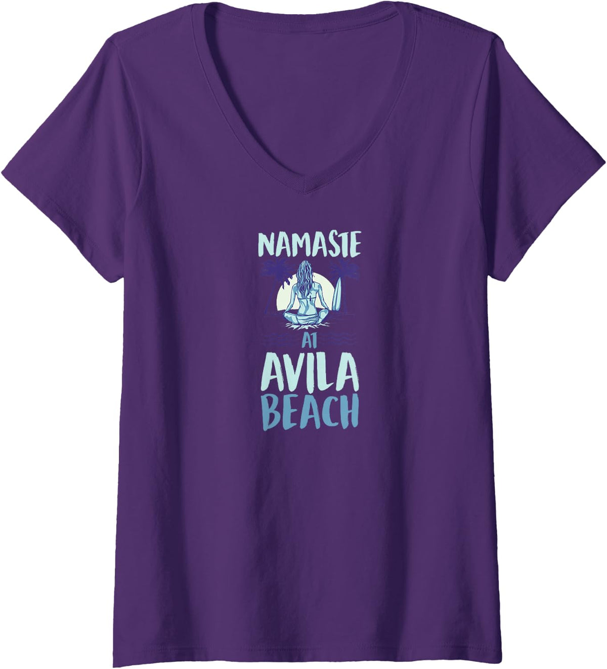 Women's Namaste At Avila Beach California Yoga At The Beach V-Neck T-Shirt - Purple
