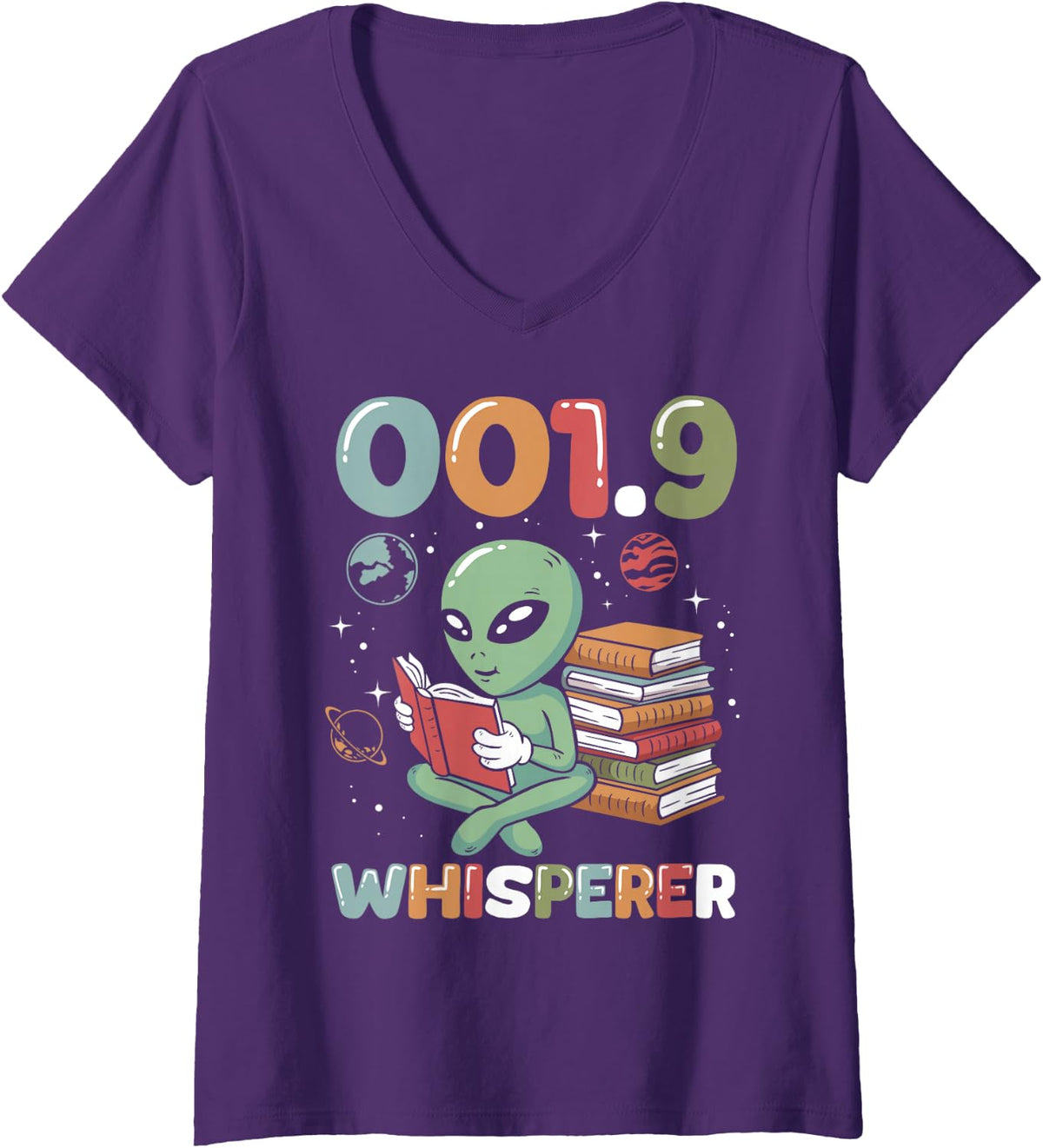 Women's Librarian 001.9 Whisperer Book Reader Library Worker V-Neck T-Shirt - Purple