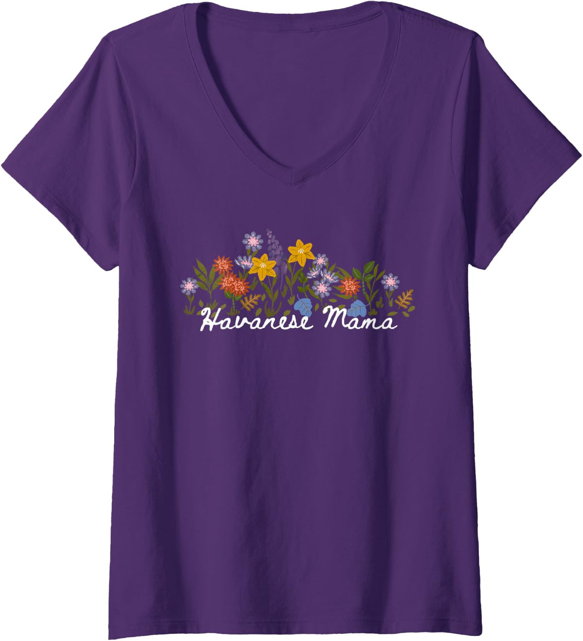 Women's Floral Quote Havanese Mama V-Neck T-Shirt - Purple