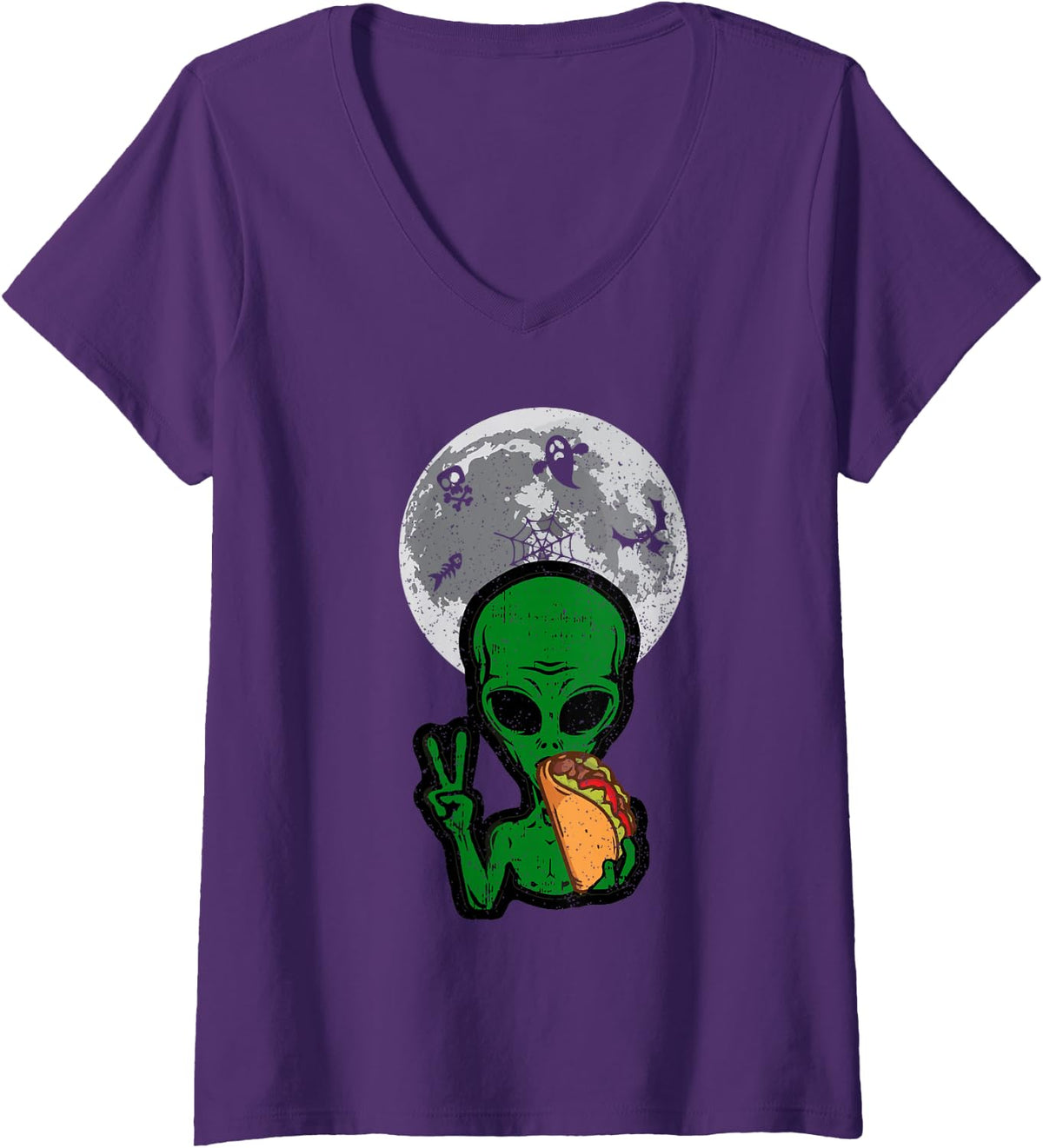 Women's Th Funny Alien Eating Taco Lover Costume Halloween Party V-Neck T-Shirt - Purple