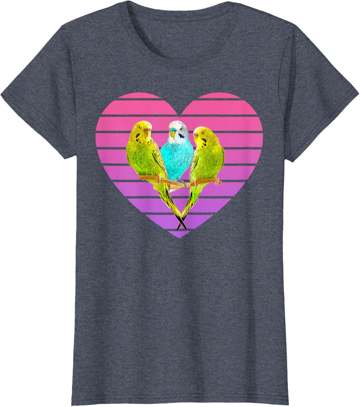 Three Parakeets Inside a Retro Sunset Style Heart T-Shirt - Heather Blue