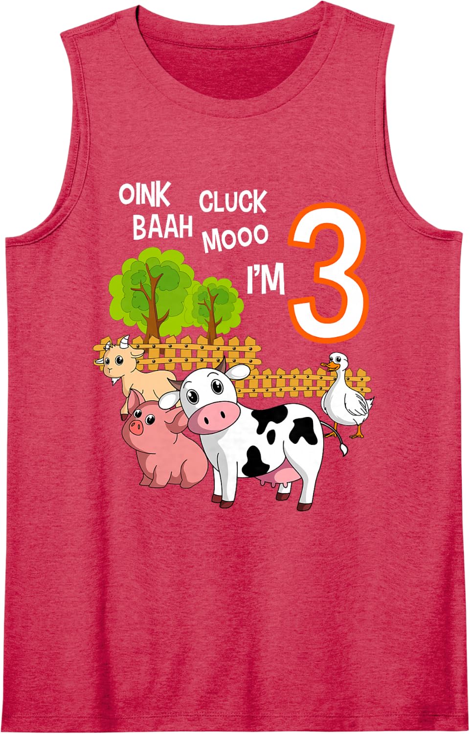 Oink Cluck Baah Mooo I'm 3 Farm Animal 3rd Birthday Party Sleeveless Tank Top - Red