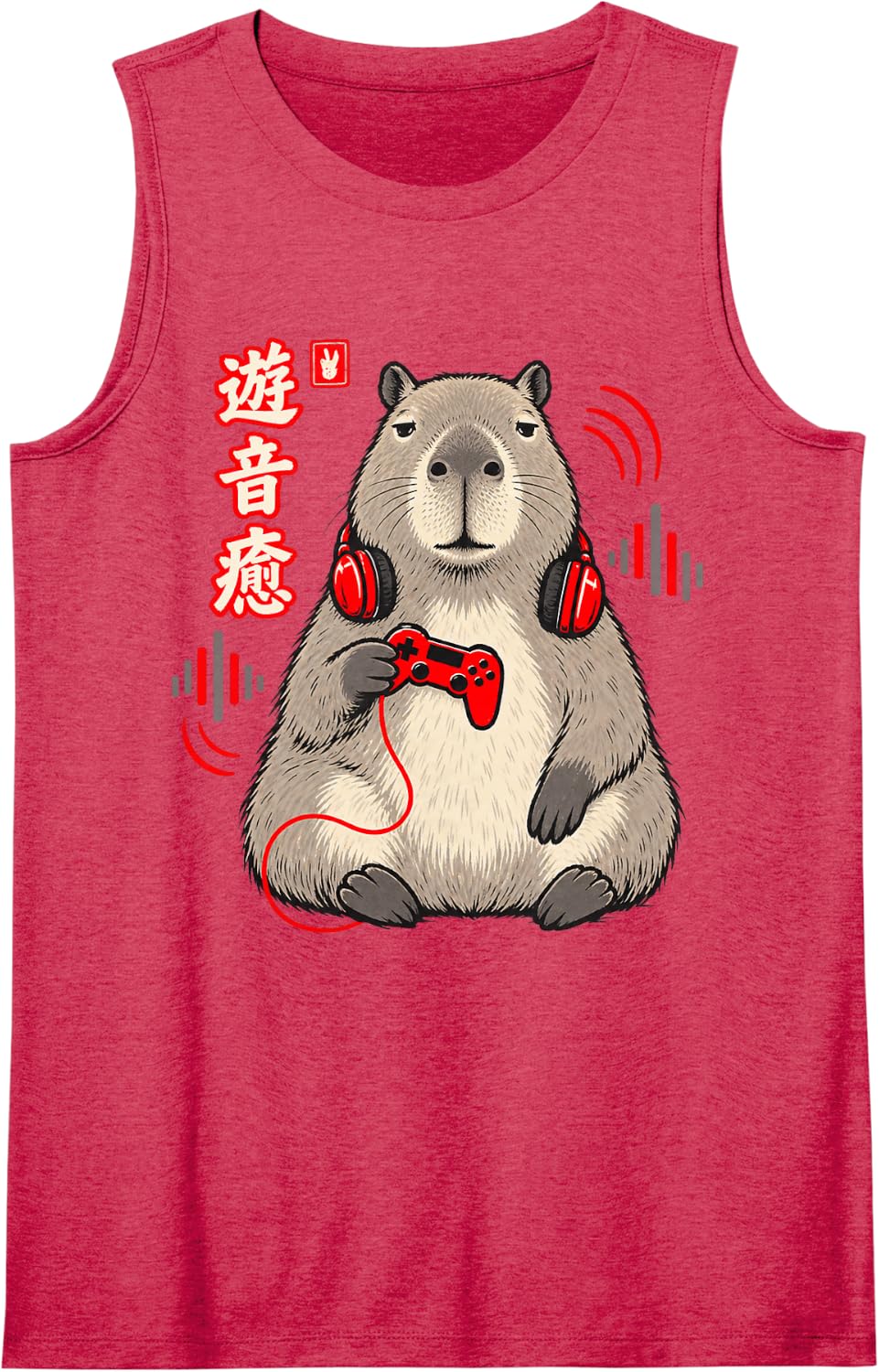 Capybara Gamer with Red Headphones and Controller Sleeveless Tank Top - Red