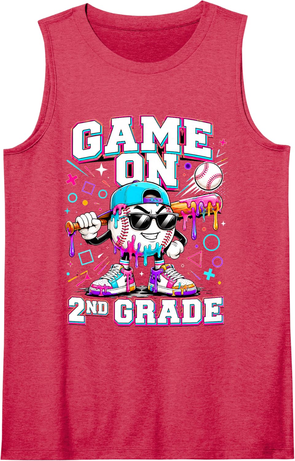 Game On 2nd Grade Back to School Baseball Drip Ice Cream Sleeveless Tank Top - Red