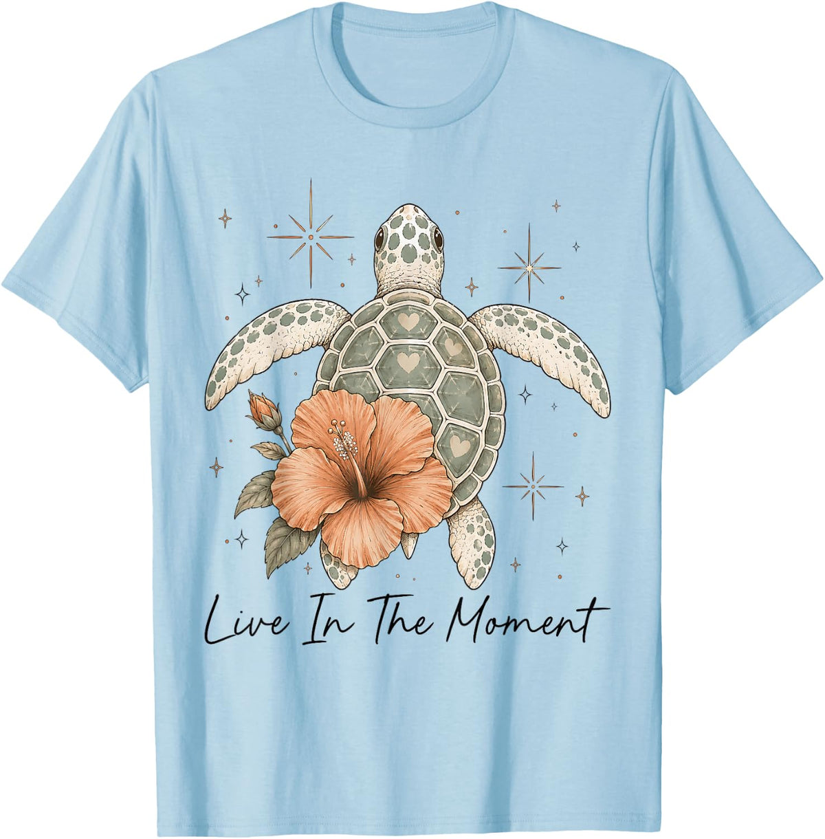 Boho Sea Turtle Hibiscus Flower Live in The Moment Summer T-Shirt - Baby Blue