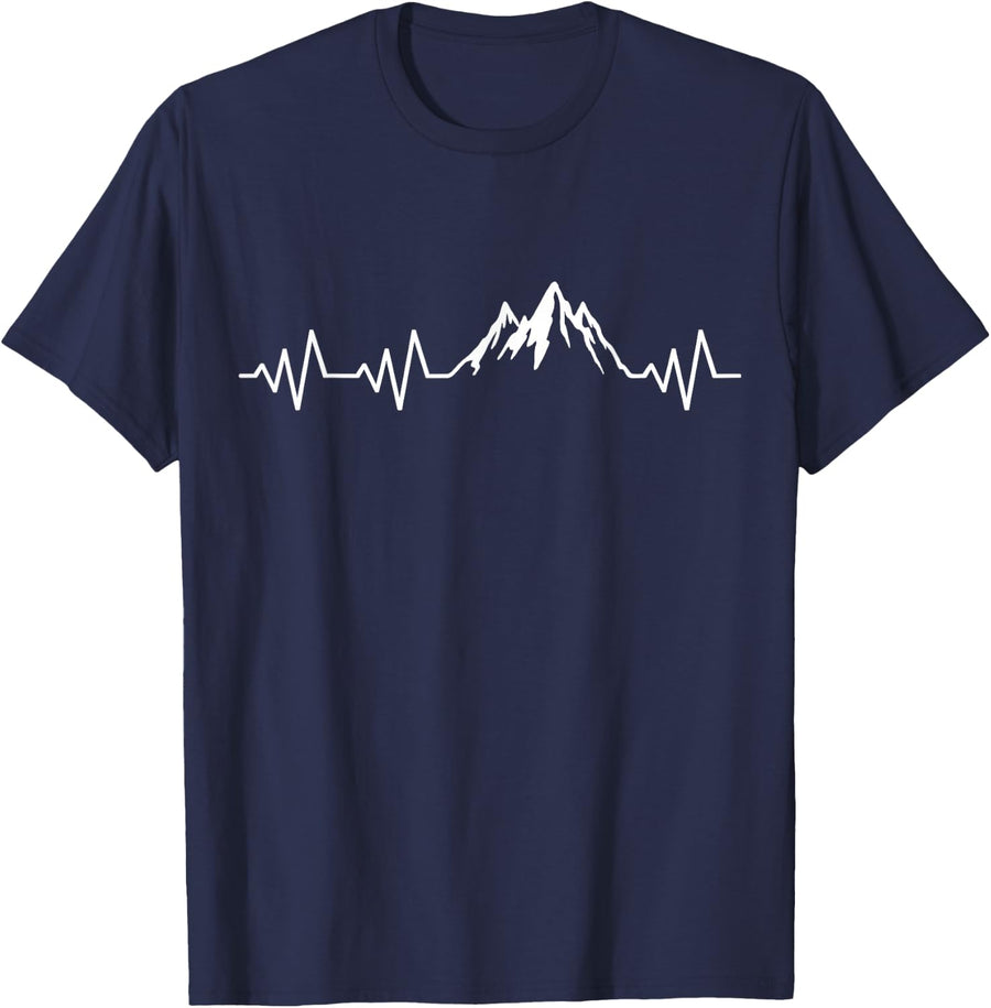 Heartbeat Mountain Hiking ECG Mountaineering Hiker Pulse T-Shirt - Navy Blue