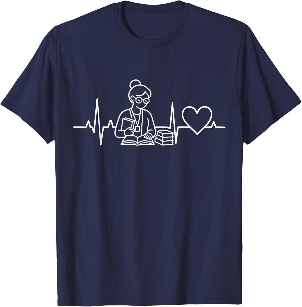 Librarian Heartbeat Line Art Book Lover Pulse T-Shirt - Navy Blue