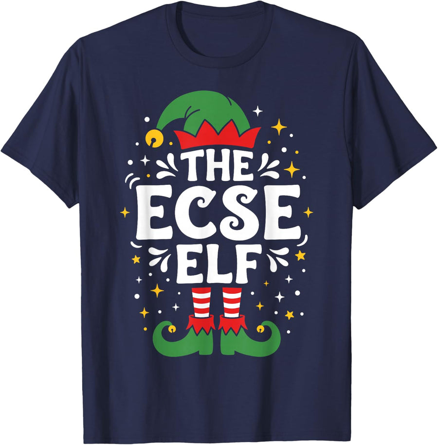 The ECSE Elf Teacher Christmas Shirt Special Education T-Shirt - Navy Blue