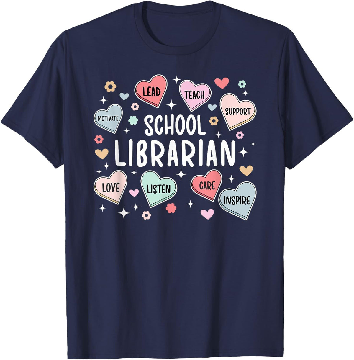 Librarian Valentine School Librarian Valentines Day Hearts T-Shirt - Navy Blue